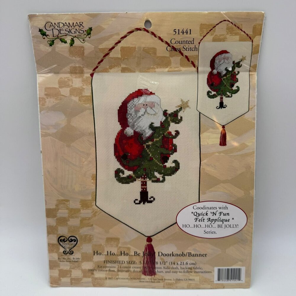 Candamar Designs Ho...Ho...Be Jolly Doorknob Banner Cross Stitch Kit 51441 NIP